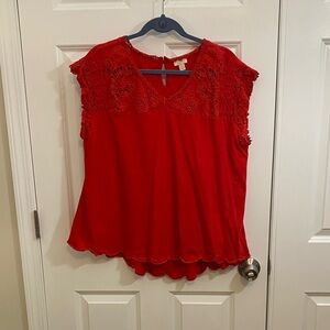 LOGO by Lori Goldstein Red Cotton  Lace and mesh yoke detail Top